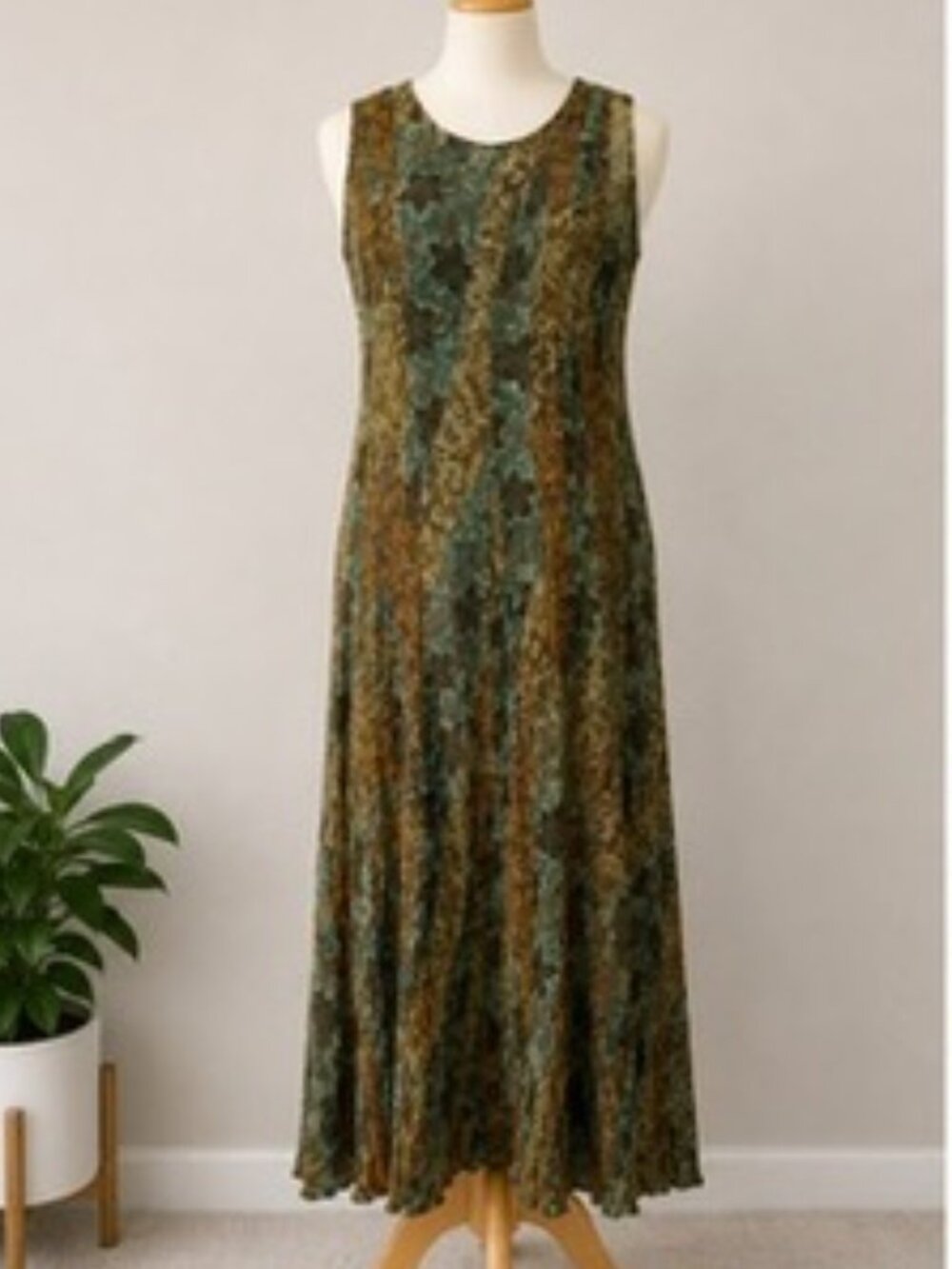 All That Jazz Brown Green Floral Crinkle Rayon Boho Maxi Dress Size S